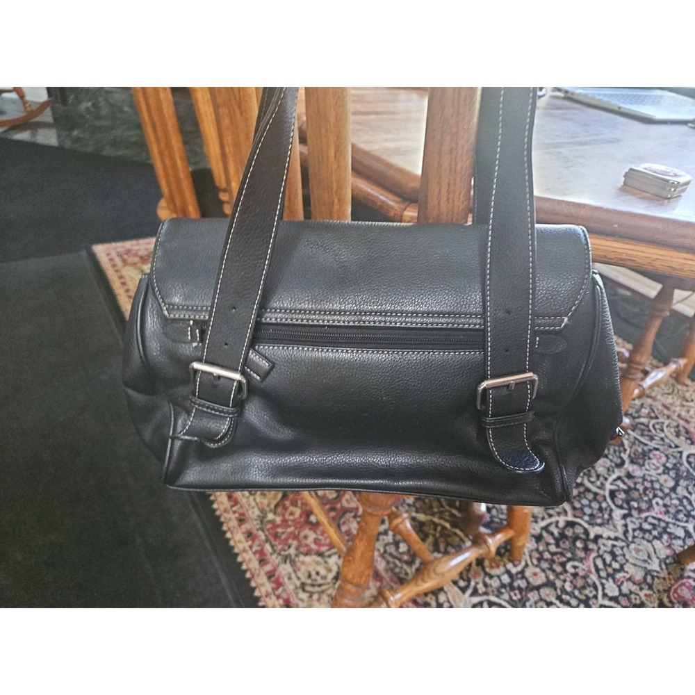 Faux Black Pebbled Leather Duffle Adjustable Shoulder Bag 12X8 Silver Hardware